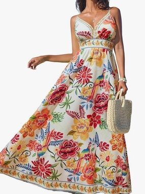 Floral V-Neck Maxi Dress in White with Multicolor Print